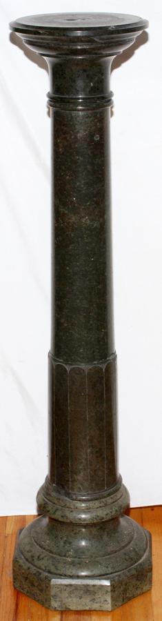 DARK GREEN MARBLE COLUMNAR PEDESTAL, H 42": DARK GREEN MARBLE COLUMNAR PEDESTAL, H 42", DIA 9 1/2"In four sections.Vermont marble circa 1900. Large chip in top section jw