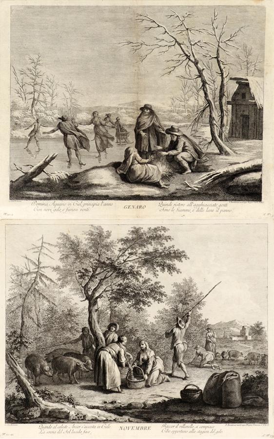 AFTER FRANCESCO BARTOLOZZI, ENGRAVINGS: AFTER FRANCESCO BARTOLOZZI, ENGRAVINGS PUB BY G. ZOCCHI H 13" W 17" NOVEMBRE AND "GENRO" Published by Giuseppe Zocchi, Venice. Composition of seven figures; in centre, a man trying to drop olives from
