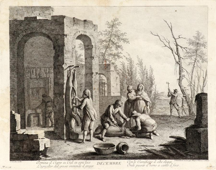AFTER FRANCESCO BARTOLOZZI ENGRAVING C 1761: AFTER FRANCESCO BARTOLOZZI, PUB BY ZOCCHI, ENGRAVING C 1761 H 13" W 17" DECEMBRE Composition of seven figures; in centre, three men slaughtering two pigs; a figure hanging sausages in the kitchen; no