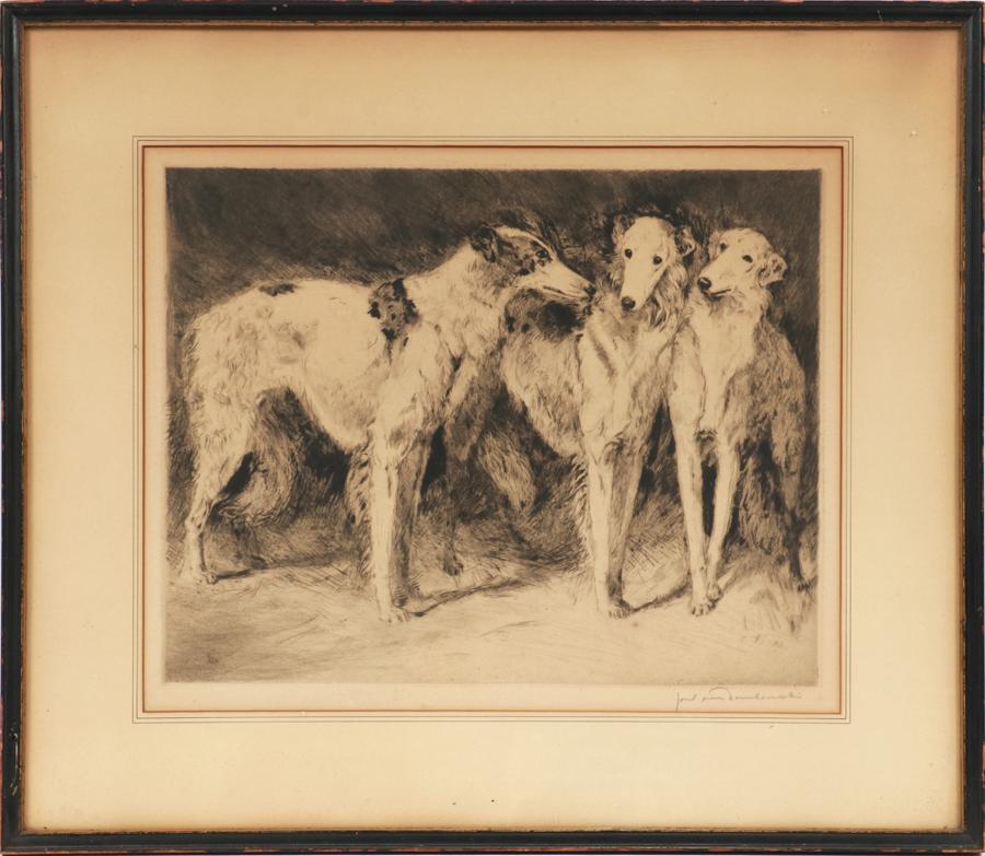 KARL VON DOMBROWSKI, ETCHING RUSSIAN WOLFHOUNDS: KARL VON DOMBROWSKI, GERMAN 1872 - 51, ETCHING H 11" W 14" RUSSIAN WOLFHOUNDS Pencil signed. Deep plate marks. Circa 1930. Karl Ritter von Dombrowski.