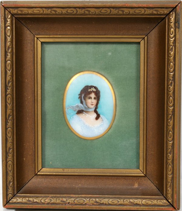 EUROPEAN OVAL PORCELAIN PORTRAIT OF A LADY: EUROPEAN OVAL PORCELAIN WITH BEADED ENAMEL PORTRAIT OF A LADY, ANTIQUE, 2 1/2"" X 2":Shadow box frame. H7" x W6".