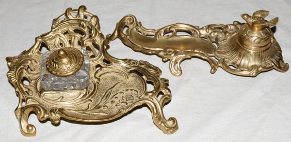 FRENCH BRASS FOOTED INKWELLS, INSERTS TWO