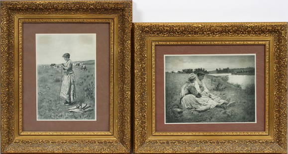 AFTER CHARLES SPRAGUE PEARCE PHOTOGRAVURES, 2 PCS,: AFTER CHARLES SPRAGUE PEARCE (AMERICAN, 1851-1914), PHOTOGRAVURES, 2 PCS, H 18"-21", PASTORAL SCENES A selection of two photogravures on paper after Charles Sprague Pearce. Each depicting young women