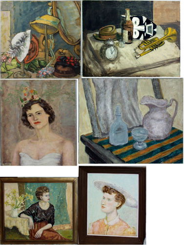 ANTHONY MANFRE, GROUP OF 6 OIL PAINTINGS: ANTHONY MANFRE (1915-2003) ITA. AMER., GROUP OF 6 OIL PAINTINGSFirst, oil on board, c. 1950, 29" x 24", Still life of Ladies Hats, signed lower right. Second, oil on board, "Linda" 19" x 23" Third, oi