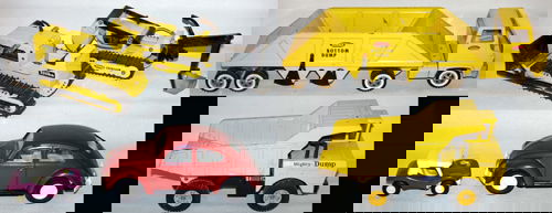 TONKA TOYS METAL CARS, TRUCKS, BULLDOZER, TRENC: TONKA TOYS METAL CARS, TRUCKS, BULLDOZER, TRENCHER, C.1960, 6 PCS."Mighty Dump", 10" H. x 19" L. x 8" W., "Bottom Dump", 6 1/2" H. x 25" L. x 6" W., "Trencher", 6" H. x 18" L. x 5" W., Bulldozer, 6" H