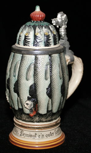 GERMAN POTTERY FISHERMAN'S STEIN, H 9.5": GERMAN POTTERY FISHERMAN'S STEIN, H 9.5"Fish design.