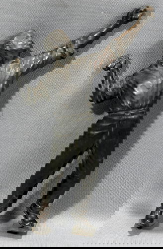 SPELTER FIGURE OF A TENNIS PLAYER, CIRCA 1930,: SPELTER FIGURE OF A TENNIS PLAYER, CIRCA 1930, H 11"Figure with ball in left hand and missing racket in right hand. On bottom of feet are two old screws and bolts which originally were fastened to a m