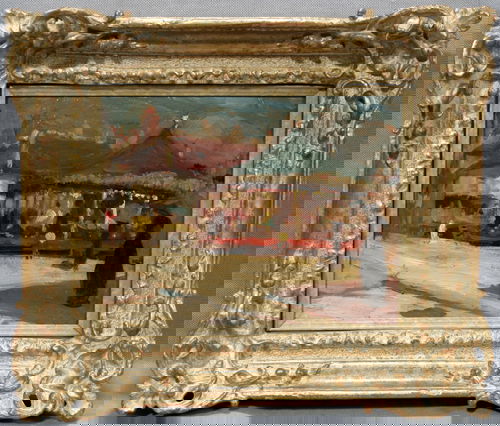 IN THE MANNER OF THOMAS EAKINS, OIL ON PANEL, ST: IN THE MANNER OF THOMAS EAKINS (US 1844-1916), OIL ON PANEL, STREET SCENE WITH MERRY-GO-ROUND, 8" XUnsigned; framed.