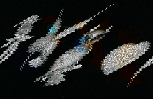 JOSEPH MAZER, TRIFARI, WEISS, AND BOUCHER COSTUM: JOSEPH MAZER, TRIFARI, WEISS, AND BOUCHER COSTUME BROOCHES, 4PCS.Including 1 Joseph Mazer brooch bird with rhinestones, 1 green stone, 1 red stone eye and gold coloring, H2.5", 1 Trifari brooch perche