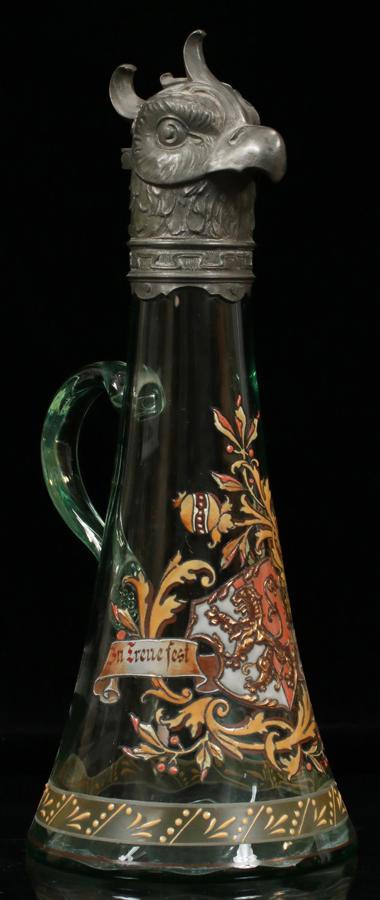 GERMAN PEWTER & ENAMELED GLASS PITCHER, C. 1900 (1 of 5)