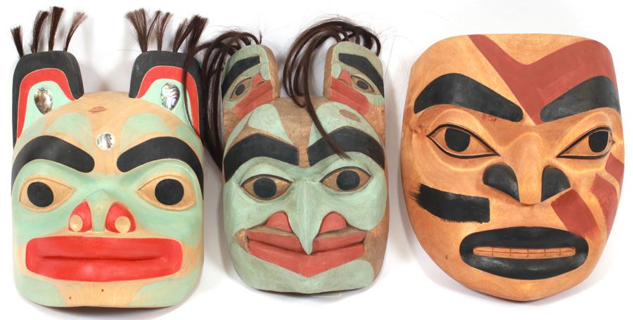 ESKIMO ALASKAN CARVED WOOD MASKS, THREE (1 of 7)