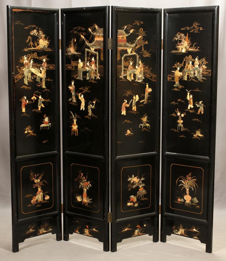 CHINESE LACQUERED AND HARDSTONE, 4 PANEL SCREEN (1 of 4)