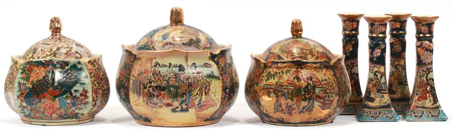 CHINESE SATSUMA TUREENS & CANDLESTICKS, 7 PCS (1 of 9)