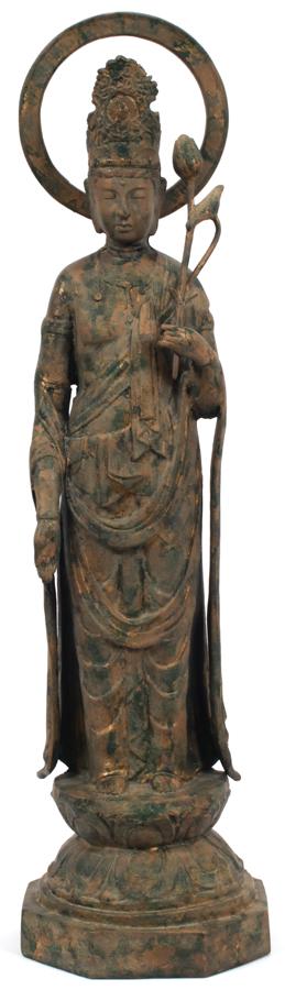 PAINTED METAL BUDDHA SCULPTURE, H 34", W 8": PAINTED METAL BUDDHA SCULPTURE, H 34", W 8"A painted and gilded metal Buddha sculpture. Depth 8".