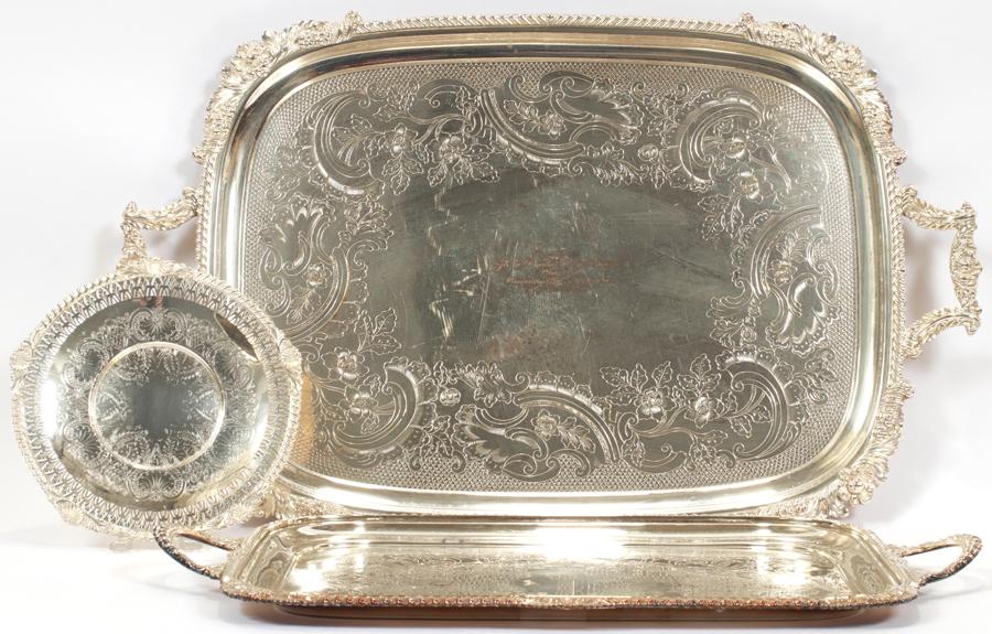 SILVER PLATE SERVING TRAYS THREE L 29", 25", 9" (1 of 8)