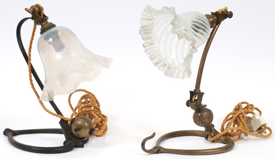 W.A.S. BENSON, ENGLISH BRASS AND IRON SCONCES TWO: W.A.S. BENSON, ENGLISH BRASS AND IRON SCONCES TWOEach sconce is stamped W. A. S. Benson. One is iron and the other is brass. Brass sconce has an opalescent glass shade. Iron sconce has a frosted glass
