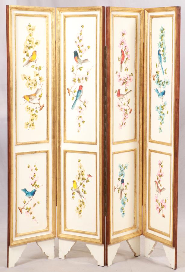 FOLDING FOUR PANEL SCREEN, HAND PAINTED SONG BIRDS (1 of 4)