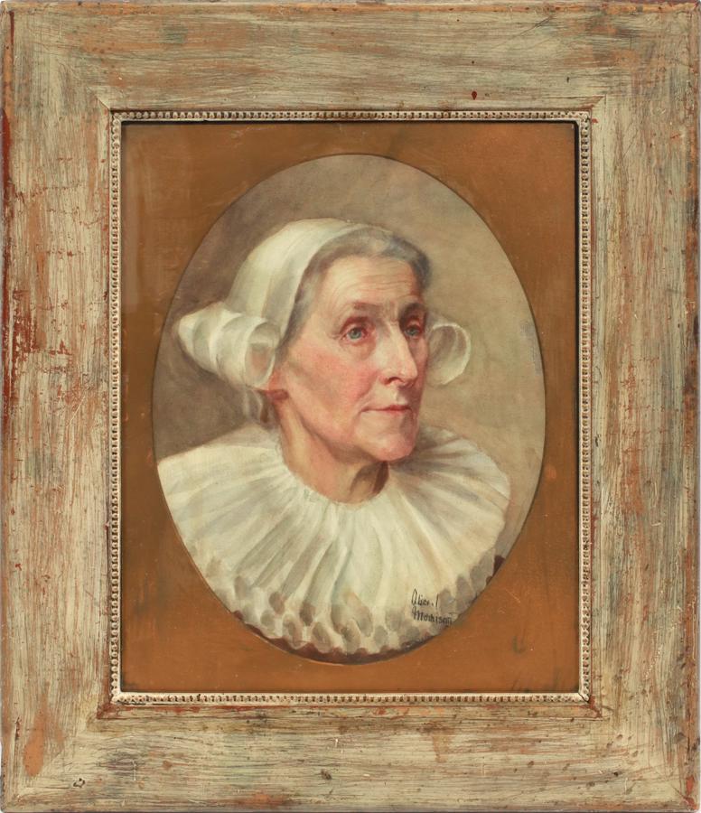 ALICE MORRISON OVAL WATERCOLOR PORTRAIT OF ELDER: ALICE MORRISON, OVAL WATERCOLOR H 15" W 12" PORTRAIT OF ELDER Lady in period costume of fluted collar and silk cap. Signed. Frame 24" x 21".From an Arbor Court, Bloomfield Hills estate.