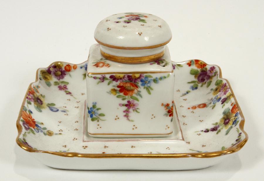 DRESDEN GERMANY, PORCELAIN INKWELL H 2", W 4.5" (1 of 3)