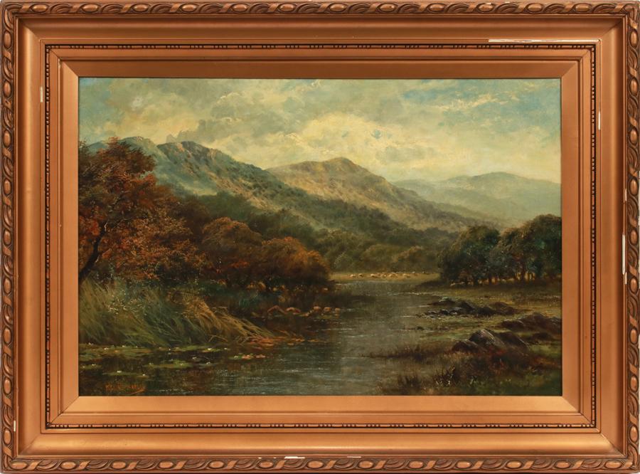 WILLIAM LANGLEY OIL ON CANVAS, MOUNTAINSCAPE: WILLIAM LANGLEY, UK 1852 - 22, OIL ON CANVAS, H 21", L 30", MOUNTAINSCAPE Artist's signature to the lower left. Frame measures H 29" x L 39".