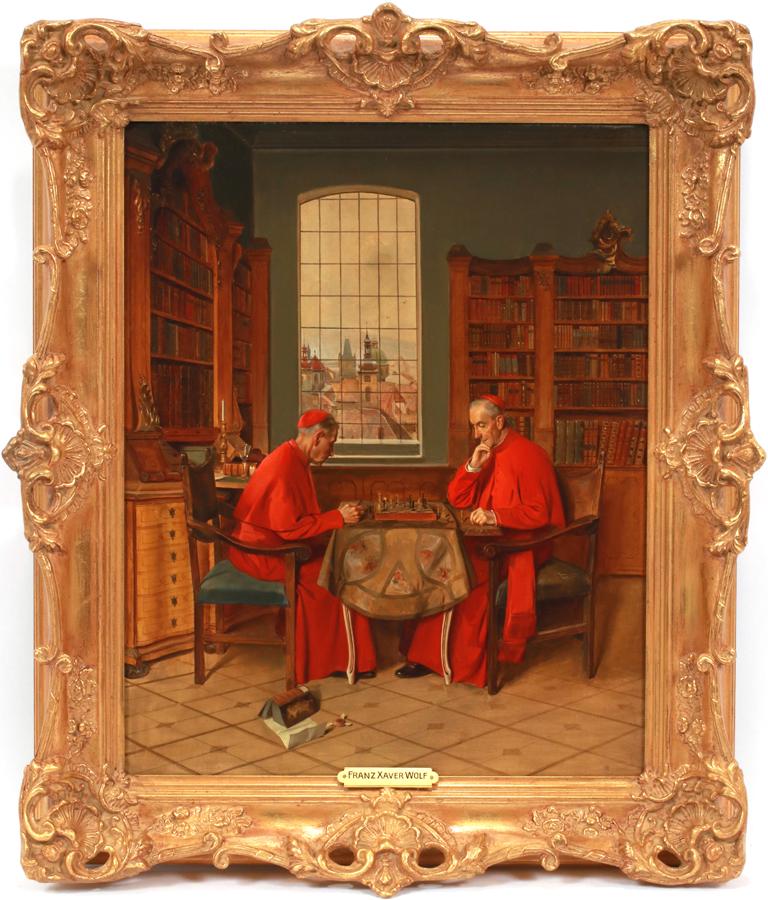 FRANZ XAVER WOLF OIL ON WOOD PANEL PLAYING CHESS: FRANZ XAVER WOLF, AUSTRIA 1896 - 1990, OIL ON WOOD PANEL H 20" W 15" PLAYING CHESS Oil on mahogany panel. Signed upper right. Meticulously painted interior showing two cardinals in front of divided wi