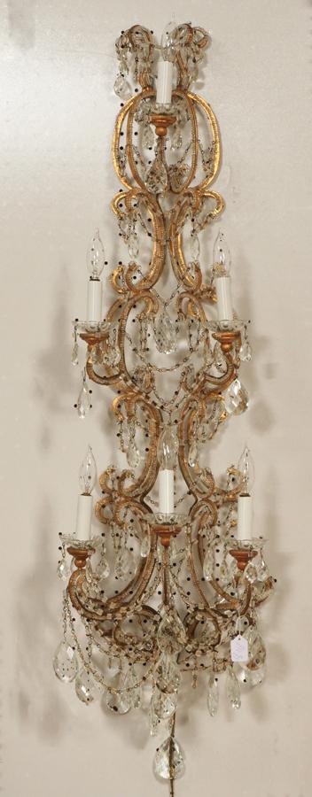THREE TIER CRYSTAL AND GILT METAL WALL SCONCE (1 of 4)