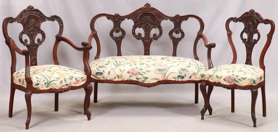LOUIS XV STYLE CARVED MAHOGANY SETTEE AND 2 CHAIRS (1 of 4)