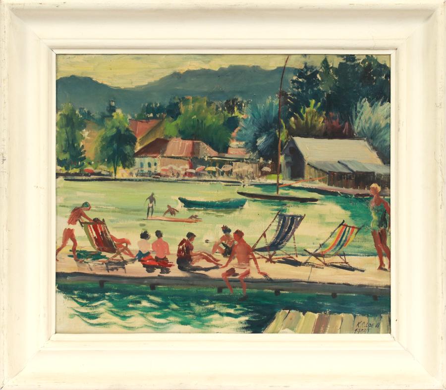 KURT CONRAD LOEW OIL ON CANVAS, 1954, "BATHERS": KURT CONRAD LOEW (AUSTRIAN, 1914-81), OIL ON CANVAS, 1954, H 17", W 21", "BATHERS" A 1954 oil on canvas titled "Bathers" by Kurt Conrad Loew. Depicting an active coastline scene with swimmers, sailors