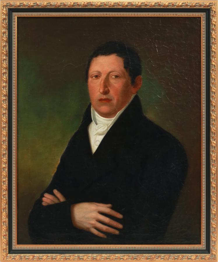 OIL ON CANVAS, 19TH C, REGENCY ERA ENGLISHMAN: OIL ON CANVAS, 19TH C, H 26", W 21", REGENCY ERA ENGLISHMAN A 19th century oil on canvas depicting the portrait of an Englishman. Depicting a man with his arms crossed donning Regency fashion. Unsigne
