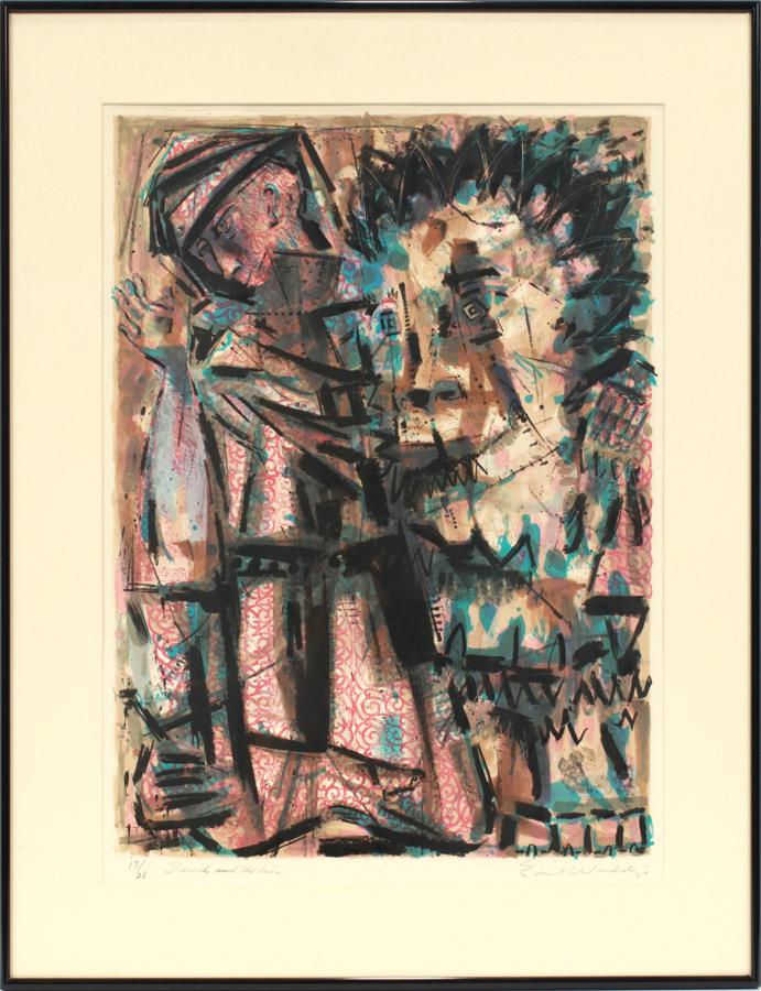 EMIL WEDDIGE COLOR LITHOGRAPH ON PAPER: EMIL WEDDIGE (AMER, 1907-2001), COLOR LITHOGRAPH ON PAPER, H 23", W 16", "DANIEL & THE LION" A limited edition color lithograph on paper titled "Daniel And The Lion" by Emil Weddige. Artist's signatur
