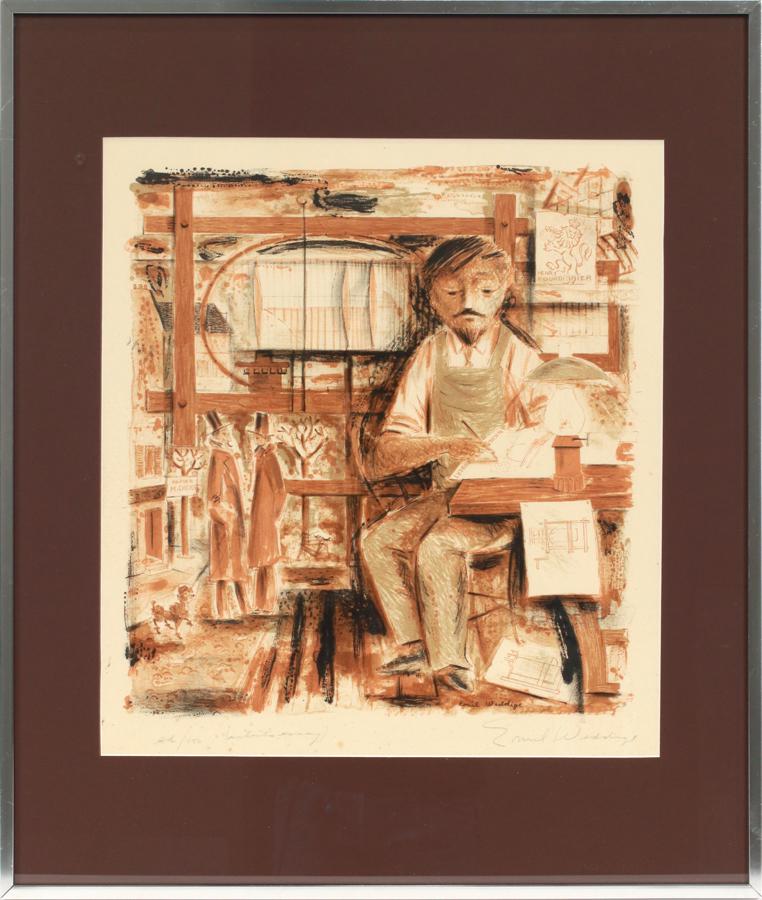 EMIL WEDDIGE COLOR LITHOGRAPH ON PAPER: EMIL WEDDIGE (AMER, 1907-2001), COLOR LITHOGRAPH ON PAPER, H 16", W 15", WRITING MAN Artist's signature, title and edition number ("E.D. 150") to the lower margin in graphite. Frame measures H 26.5" x