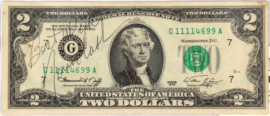 U.S. $2.DOLLAR NOTE AUTOGRAPHED BY NORM CASH' (1 of 3)