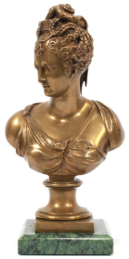 BRASS BUST ON GREEN MARBLE, ALLEGORICAL WOMAN (1 of 3)