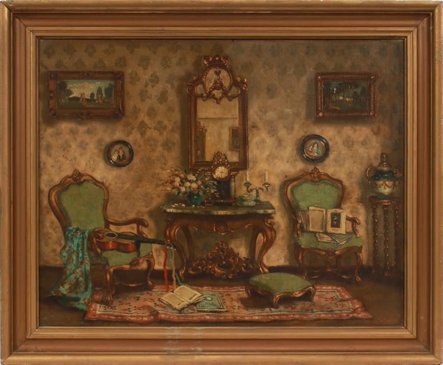 OIL ON MASONITE, VICTORIAN INTERIOR: OIL ON MASONITE, H 23", W 29.5", VICTORIAN INTERIOR An oil on masonite depicting a Victorian interior. Frame measures H 29.5" x L 35.5".