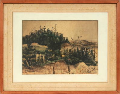 ZOLTAN SEPESHY WATERCOLOR ON PAPER: ZOLTAN SEPESHY (HUNGARY/AMER, 1898-74), WATERCOLOR ON PAPER, H 14", W 19", "PINE AND SAND" A watercolor on paper titled "Pine And Sand" by Zoltan Sepeshy. Depicting a northern (likely Michigan) landsc