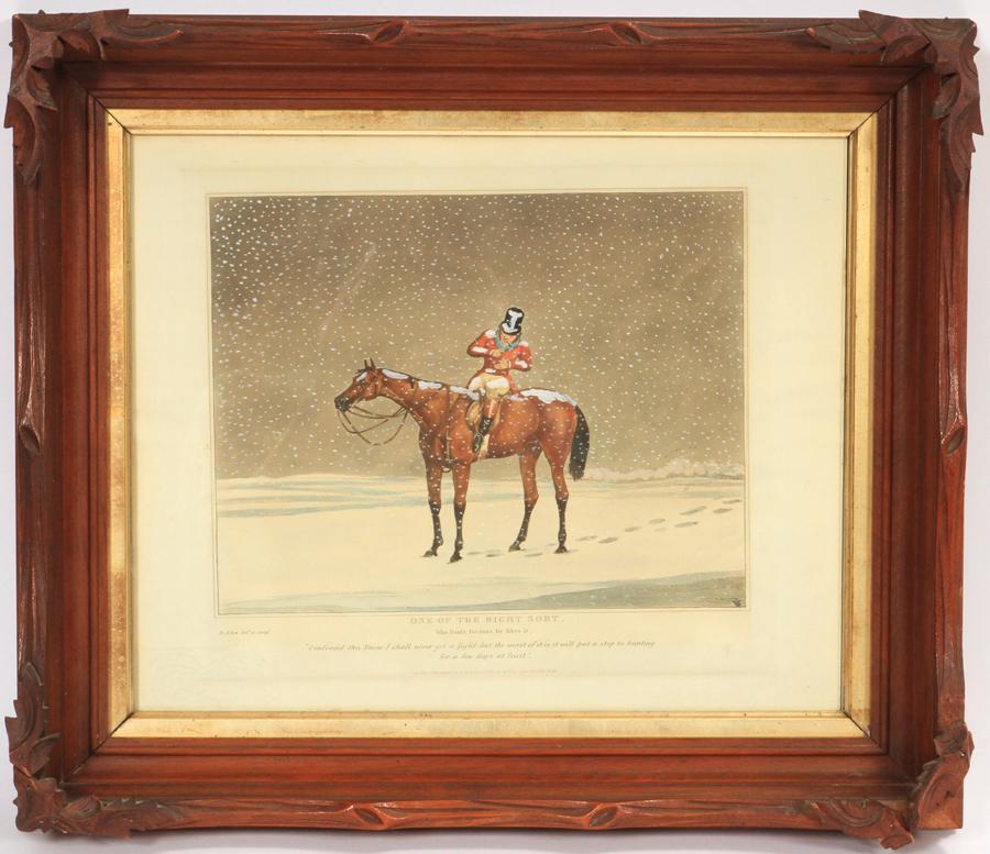 HENRY THOMAS ALKEN SR HAND-TINTED LITHOGRAPH: HENRY THOMAS ALKEN SR (ENGLISH, 1785-1851), HAND-TINTED LITHOGRAPH, H 11", W 13", "ONE OF THE RIGHT SORT..." A hand-colored lithograph titled "One Of The Right Sort... Who Hunts Because He Likes It" b