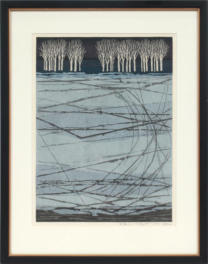 F. FUJITA WOODBLOCK PRINT, 1973, WINTER POND (1 of 5)