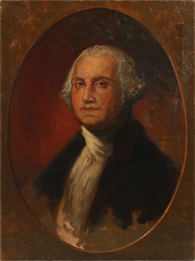 INFLUENCED BY GILBERT STUART MODERN OIL ON CANVAS: INFLUENCED BY GILBERT STUART (AMER, 1755-28), MODERN OIL ON CANVAS, H 32", W 24", "ATHENAEUM PORTRAIT" A modern oil on canvas influenced by Gilbert Stuart's "Athenaeum Portrait" (1796). Depicting Geor