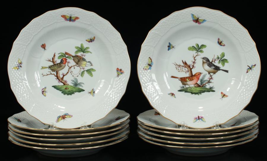 HEREND ROTHSCHILD BIRD SHALLOW DESSERT PLATES: HEREND ROTHSCHILD BIRD SHALLOW DESSERT PLATES 12 DIA 8" Or salad plates. Hand-painted in Hungary.From an elegant Maumee Road estate, Grosse Pointe, Mi.