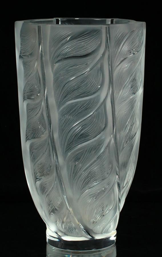 LALIQUE FRANCE CRYSTAL FLOWER VASE, LEAF PATTERN (1 of 3)