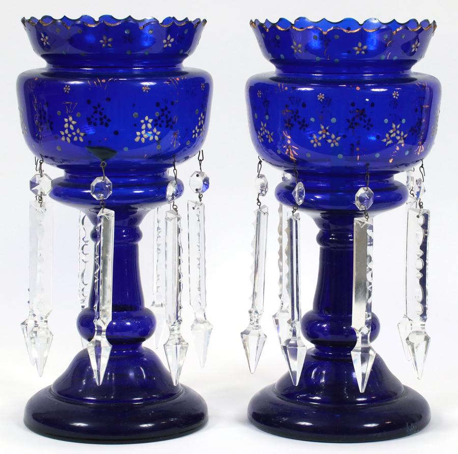 BOHEMIAN COBALT BLUE CRYSTAL LUSTRES, PAIR C. 1880 (1 of 2)