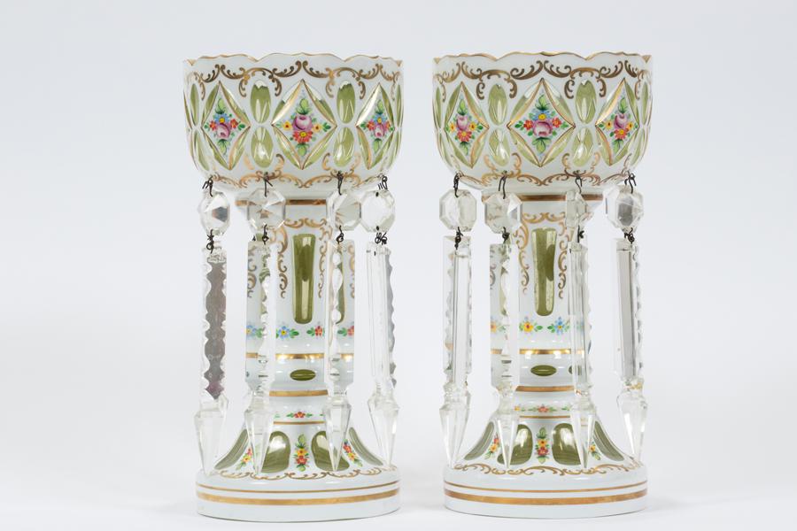 BOHEMIAN GREEN OVERLAY CRYSTAL LUSTRES, C. 1950 (1 of 4)