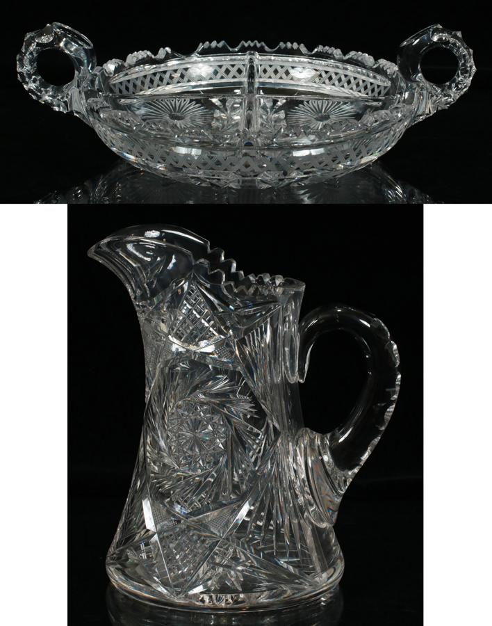 BRILLIANT PERIOD CUT GLASS DISH AND PITCHER (1 of 6)