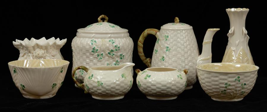 BELLEEK, IRISH PORCELAIN: CRACKER JAR, VASES, ETC (1 of 10)