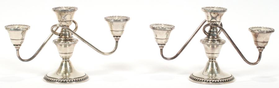 CORNWELL STERLING CANDELABRAS H 5" W 9", ONE: CORNWELL STERLING CANDELABRAS H 5" W 9", ONE Three light, weighted. One only. From an astute collector of fine antiques, especially glass, Atlanta, Mi.
