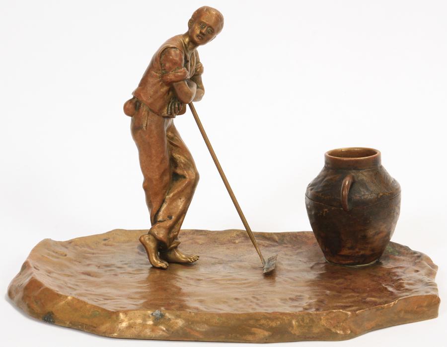 BRONZE MINIATURE, MAN WITH RAKE ALONGSIDE INKWELL (1 of 4)