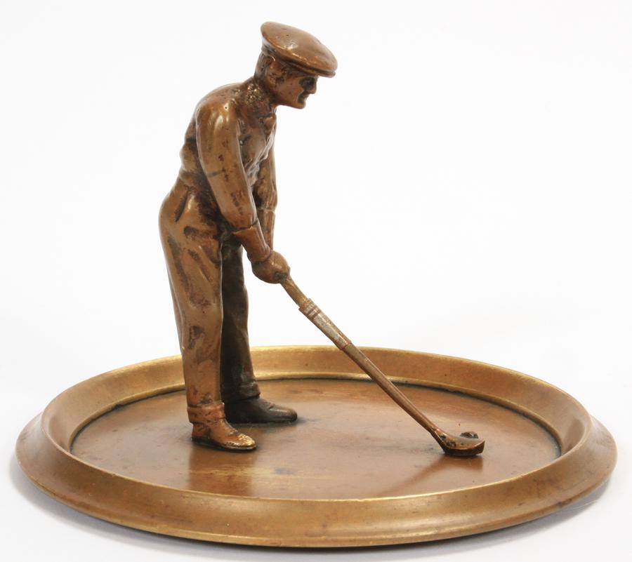 BRONZE GOLFER ON CARD TRAY C. 1900 DIA 6" (1 of 3)