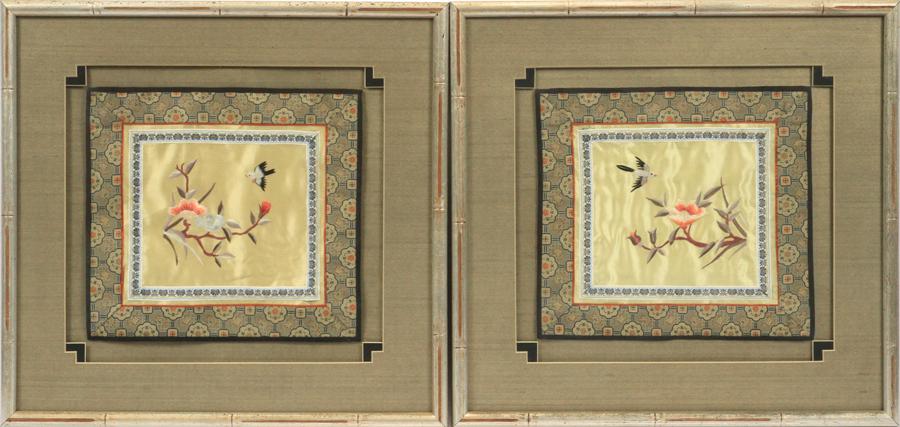 CHINESE SILK EMBROIDERIES, PAIR, FLOWERS (1 of 4)