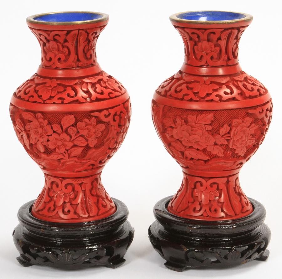 CHINESE CARVED LACQUER VASES, CINNABAR TWO H 4" (1 of 4)