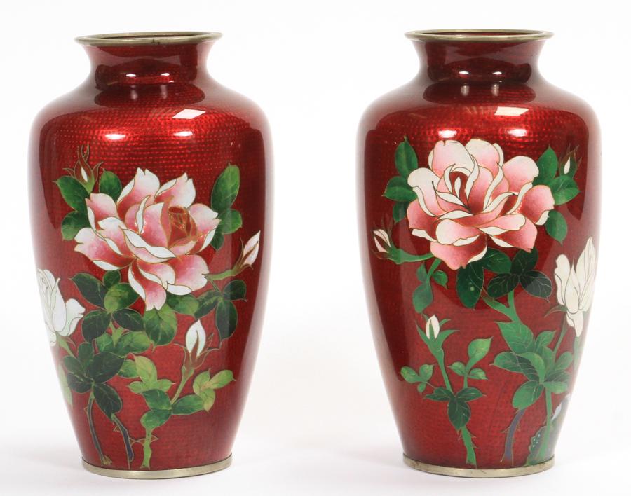 JAPANESE CLOISONEE "GIN BARI" PIGEON BLOOD VASES (1 of 4)